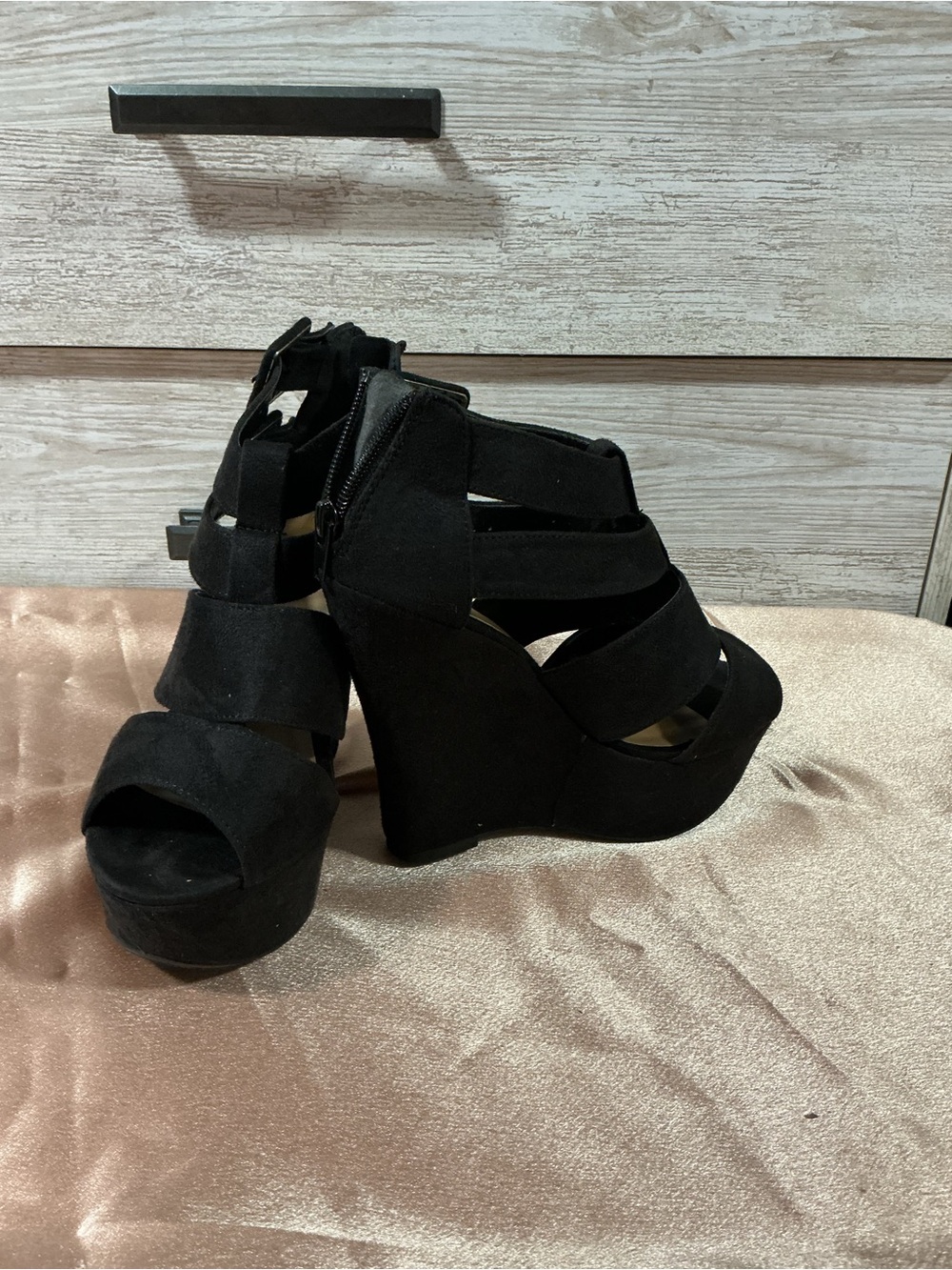 Black Strappy Suede Wedge Sandals - Women's